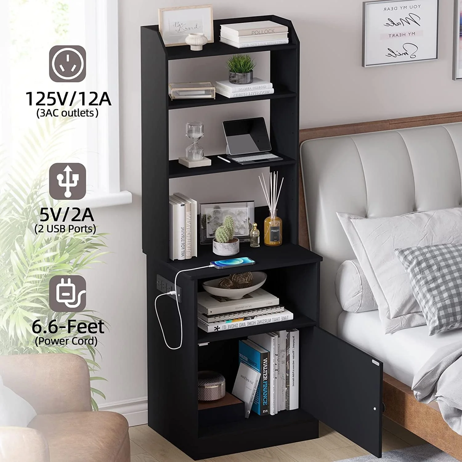 Tiptiper Nightstand with Charging Station, Tall Bedside Table with 3 Shelf, Black