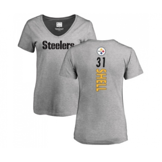 Football Women's Pittsburgh Steelers #31 Donnie Shell Ash Backer V-Neck T-Shirt - Jersey