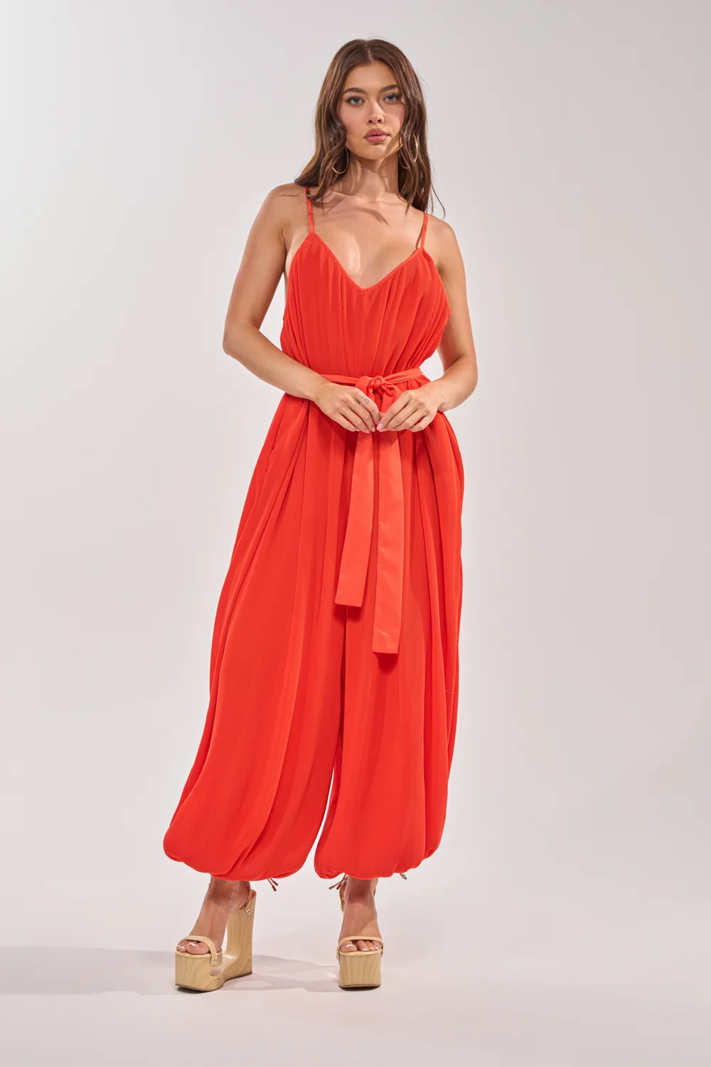 VACATIONING PLEATED JUMPSUIT IN ORANGE - Akira Wear