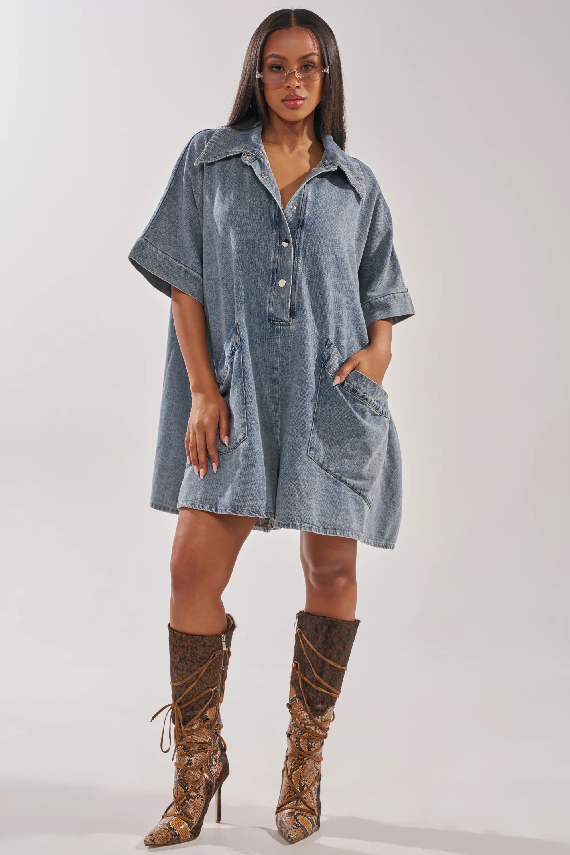 MELODY COLLARED DENIM ROMPER - Akira Wear