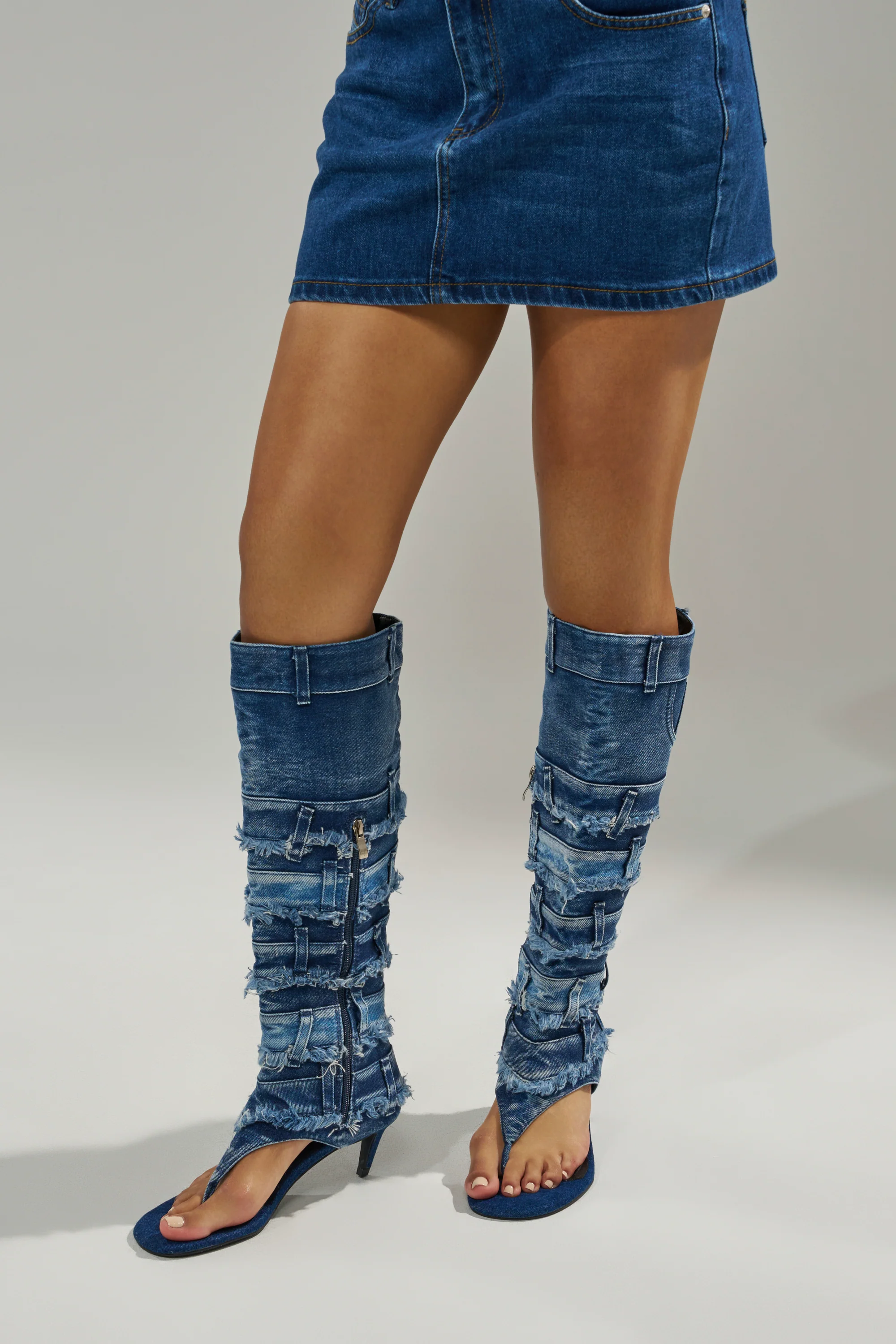 AKIRA GOLD MAHONEY DENIM PANT DETAIL GLADIATOR STILETTO - Akira Wear