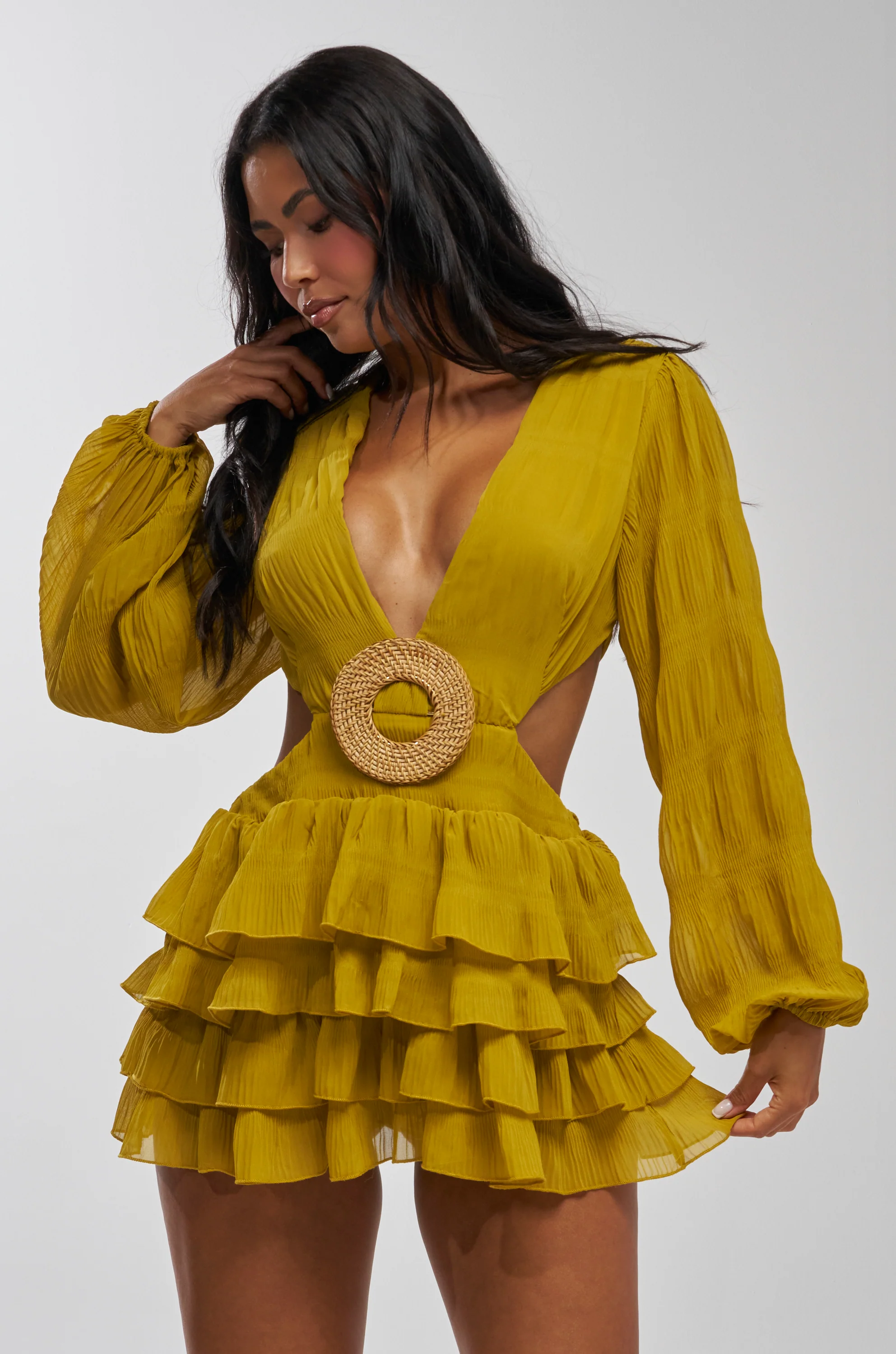 ON ISLAND TIME RUFFLED MINI DRESS IN CHARTREUSE - Akira Wear