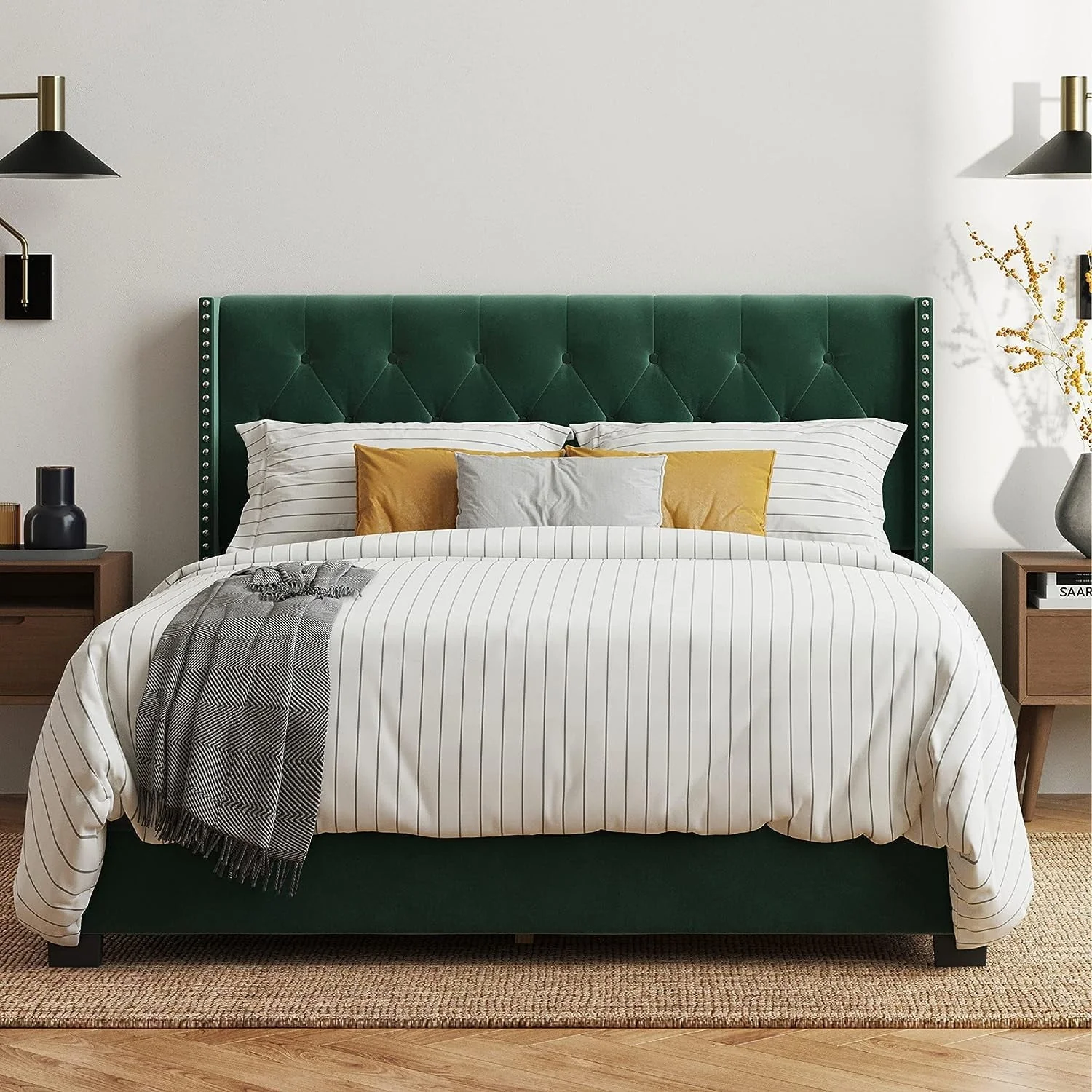 DG Casa Bardy Diamond Tufted Nailhead Trim Panel Bed Frame, Queen Size, Green Faux Velvet
