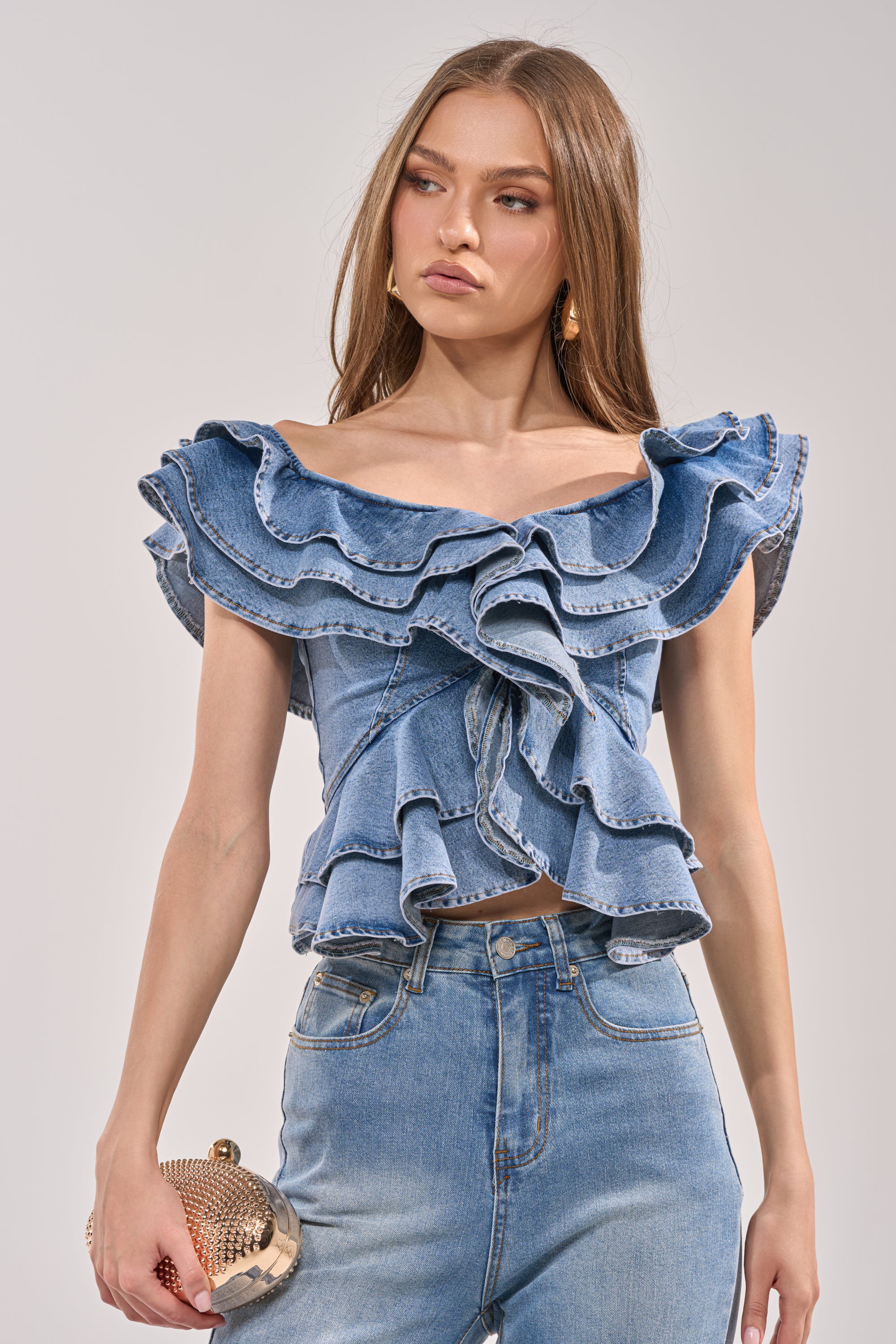DREAMING BIG DENIM RUFFLE TOP - Akira Wear