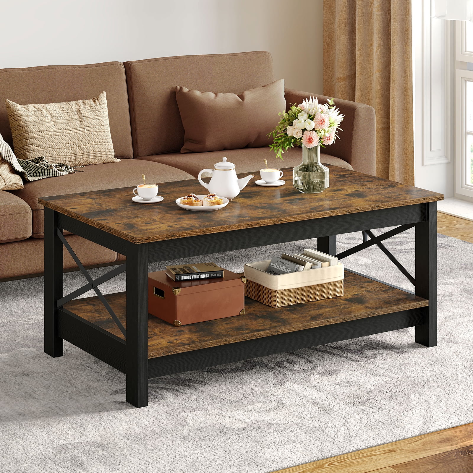 Veado Farmhouse 2 - Tier Coffee Table with Storage - Rustic Brown Center Cocktail Table for Living Room, Sturdy Wooden Build, Vintage Design, Ideal for Farmhouse & Country Home Decor, Easy Assembly