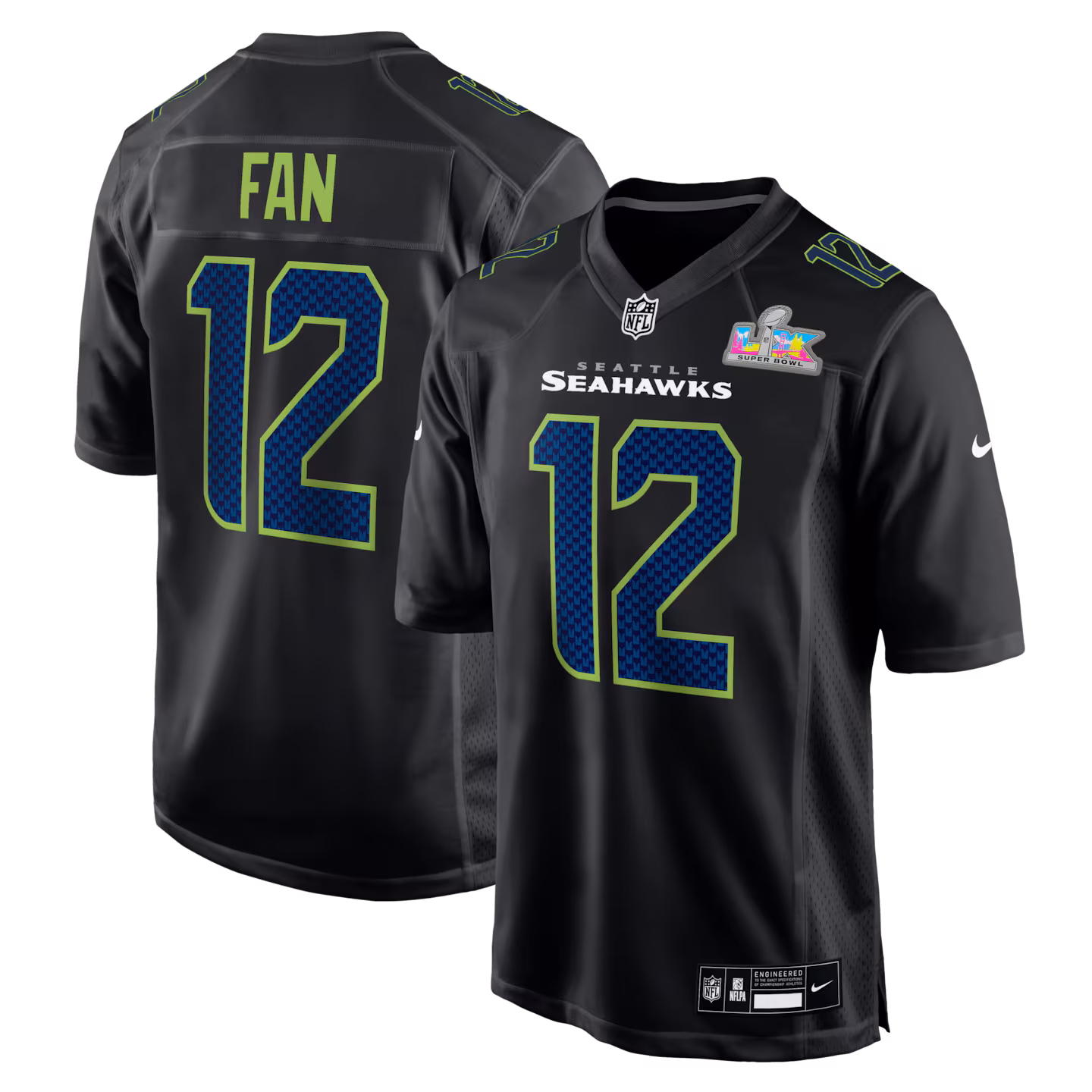 Men's Seattle Seahawks 12s Nike Black Super Bowl LX Patch Carbon Fashion Game Jersey - Jersey
