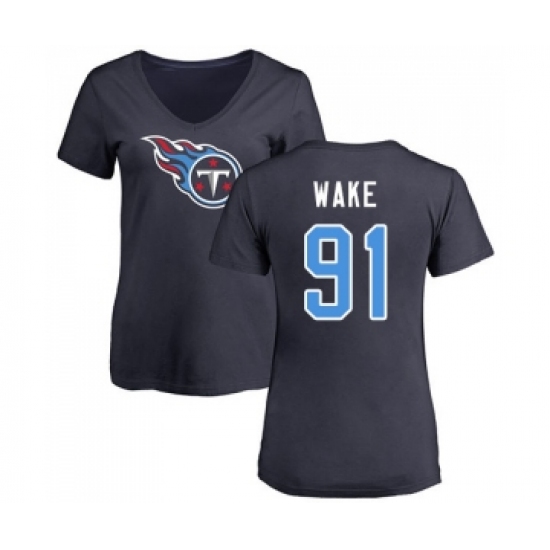 Football Women's Tennessee Titans #91 Cameron Wake Navy Blue Name & Number Logo T-Shirt - Jersey