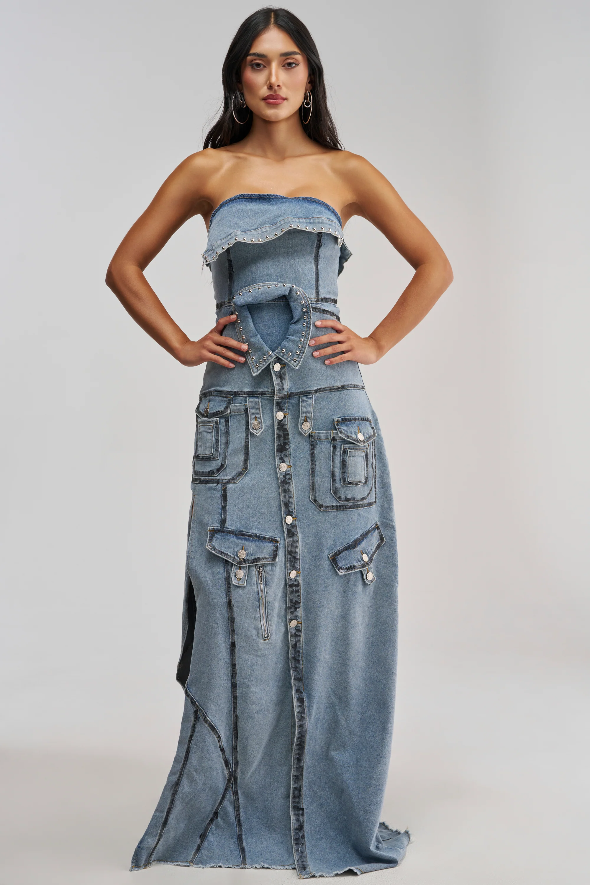 TORRI DENIM STUDDED MAXI DRESS IN MEDIUM BLUE DENIM - Akira Wear
