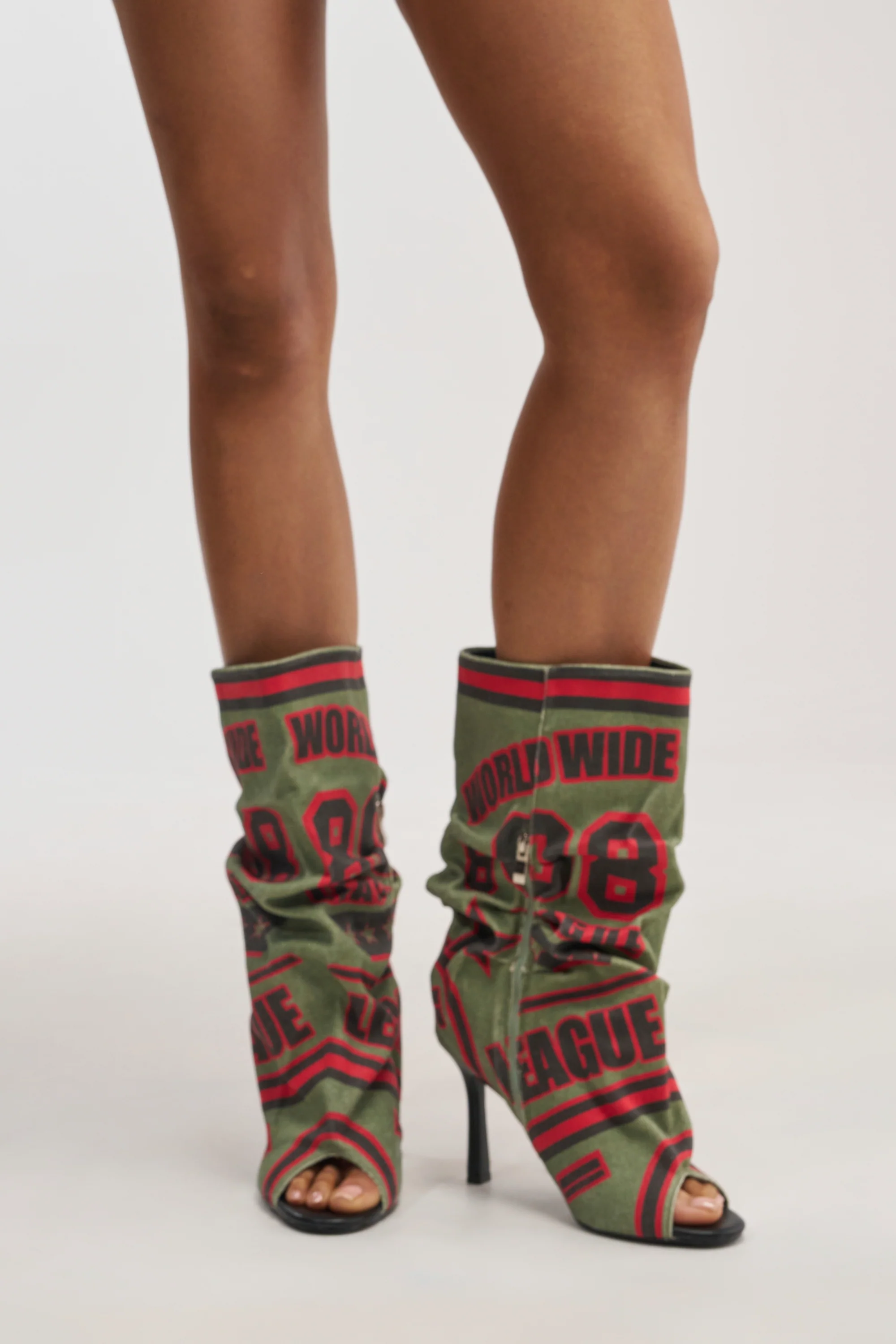 AKIRA GOLD BIG TIME GREEN MULTI CANVAS PRINTED SLOUCH OPEN TOE BOOTIE - Akira Wear