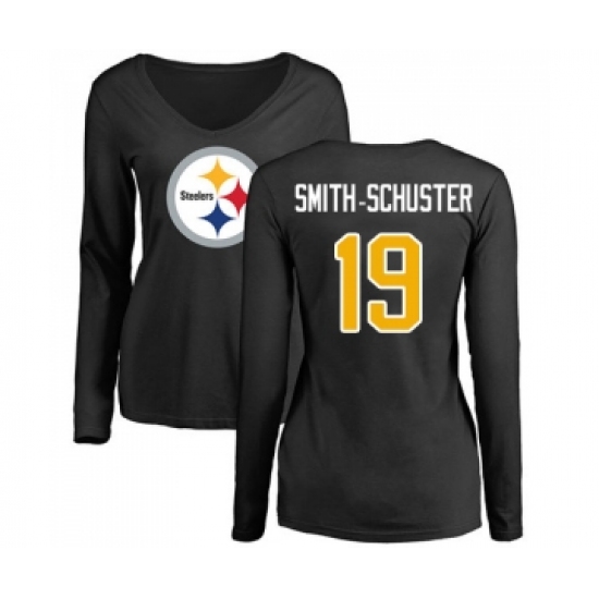 Football Women's Pittsburgh Steelers #19 JuJu Smith-Schuster Black Name & Number Logo Slim Fit Long Sleeve T-Shirt - Jersey