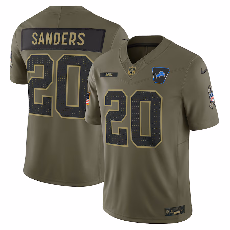 Men's Detroit Lions Barry Sanders Nike Olive 2025 Salute to Service Retired Limited Jersey - Jersey