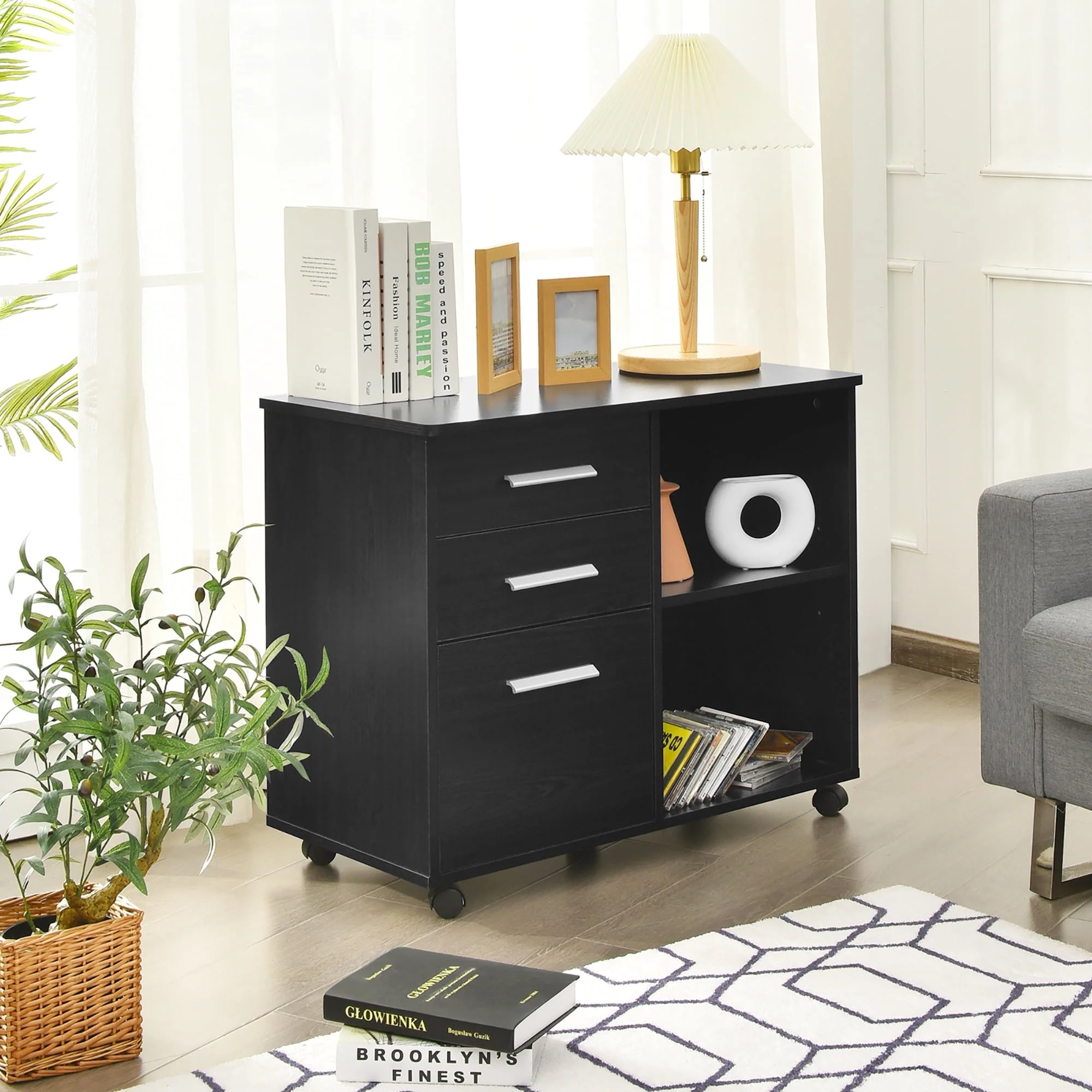 Costway 3-Drawer File Cabinet Mobile Lateral Cabinet Printer Stand Black
