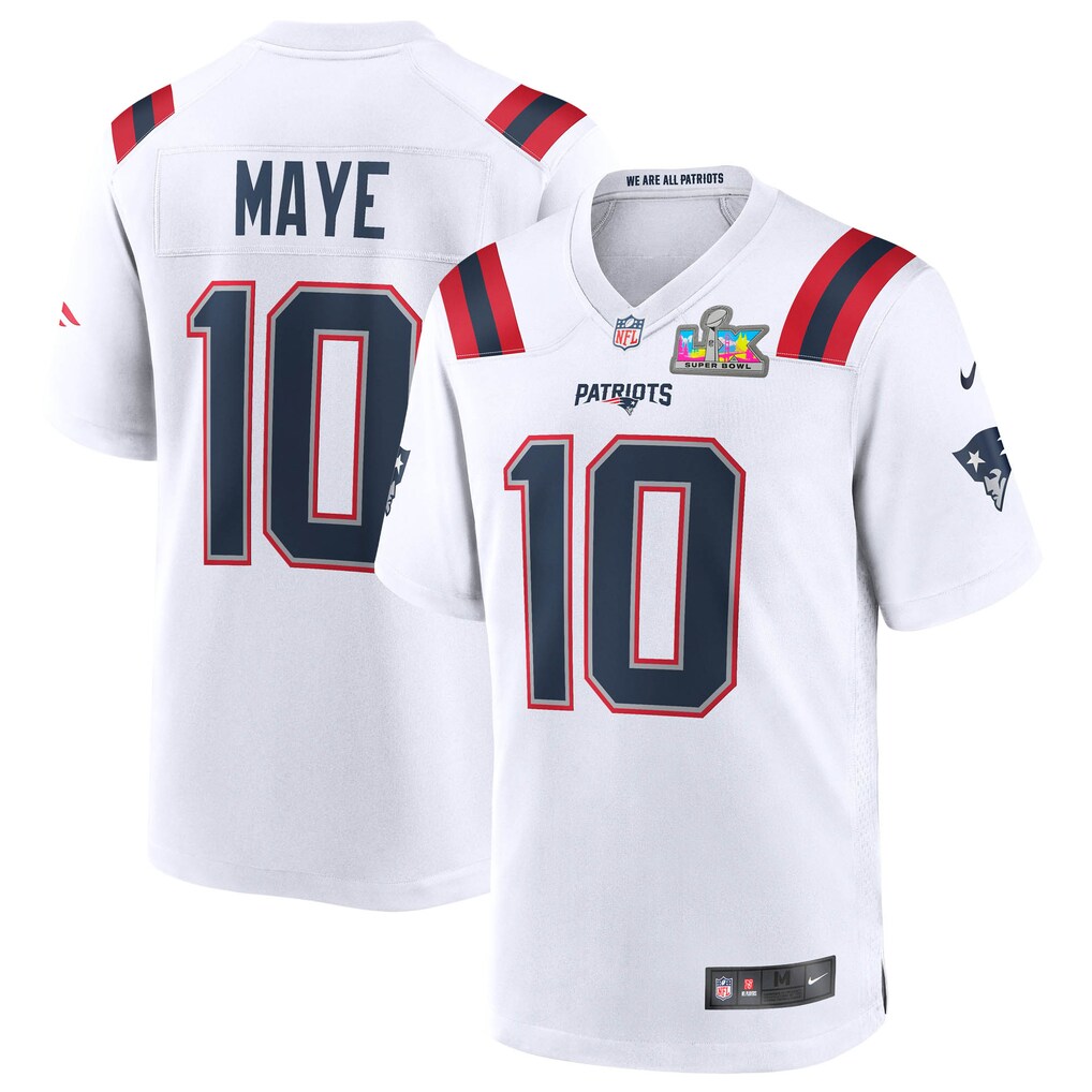 Men's New England Patriots Drake Maye Nike White Super Bowl LX Patch Game Jersey - Jersey