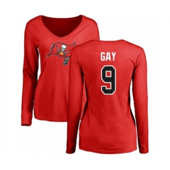 Football Women's Tampa Bay Buccaneers #9 Matt Gay Red Name & Number Logo Long Sleeve T-Shirt - Jersey