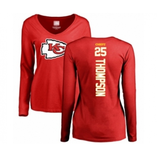 Football Women's Kansas City Chiefs #25 Darwin Thompson Red Backer Slim Fit Long Sleeve T-Shirt - Jersey