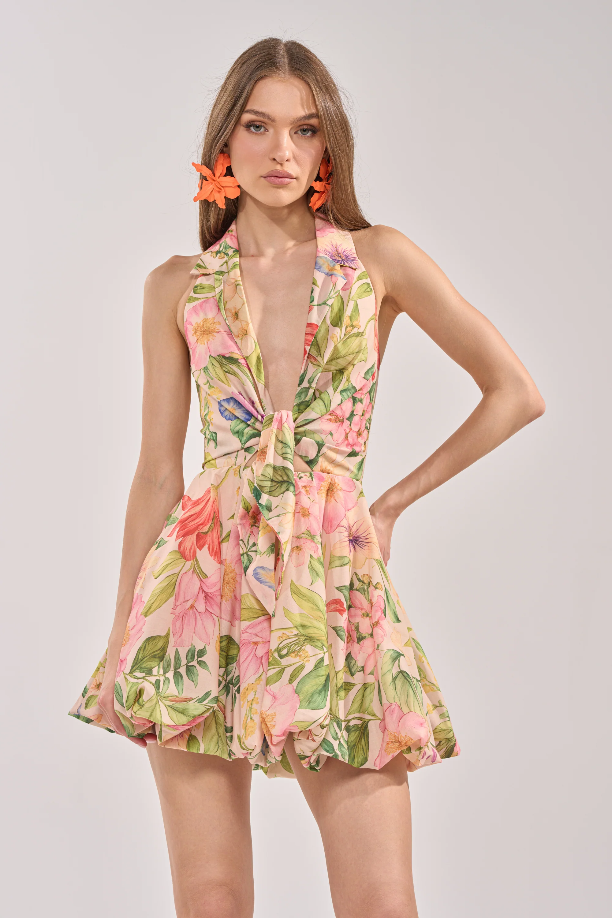 SOFT LAUNCH FLORAL MINI DRESS IN BEIGE - Akira Wear