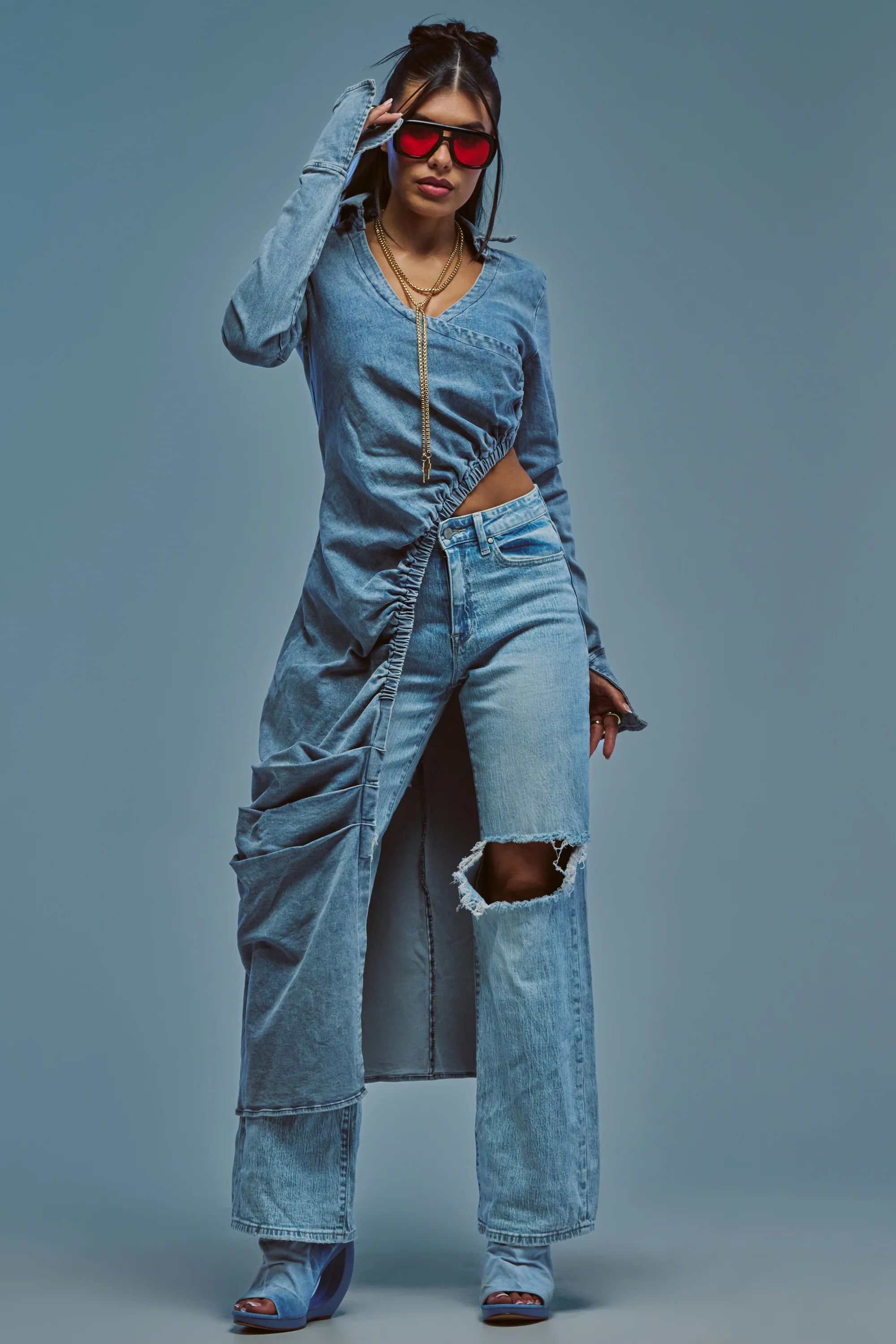 GET MY CLOSE UP LONG DENIM BLOUSE - Akira Wear