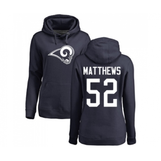 Football Women's Los Angeles Rams #52 Clay Matthews Navy Blue Name & Number Logo Pullover Hoodie - Jersey