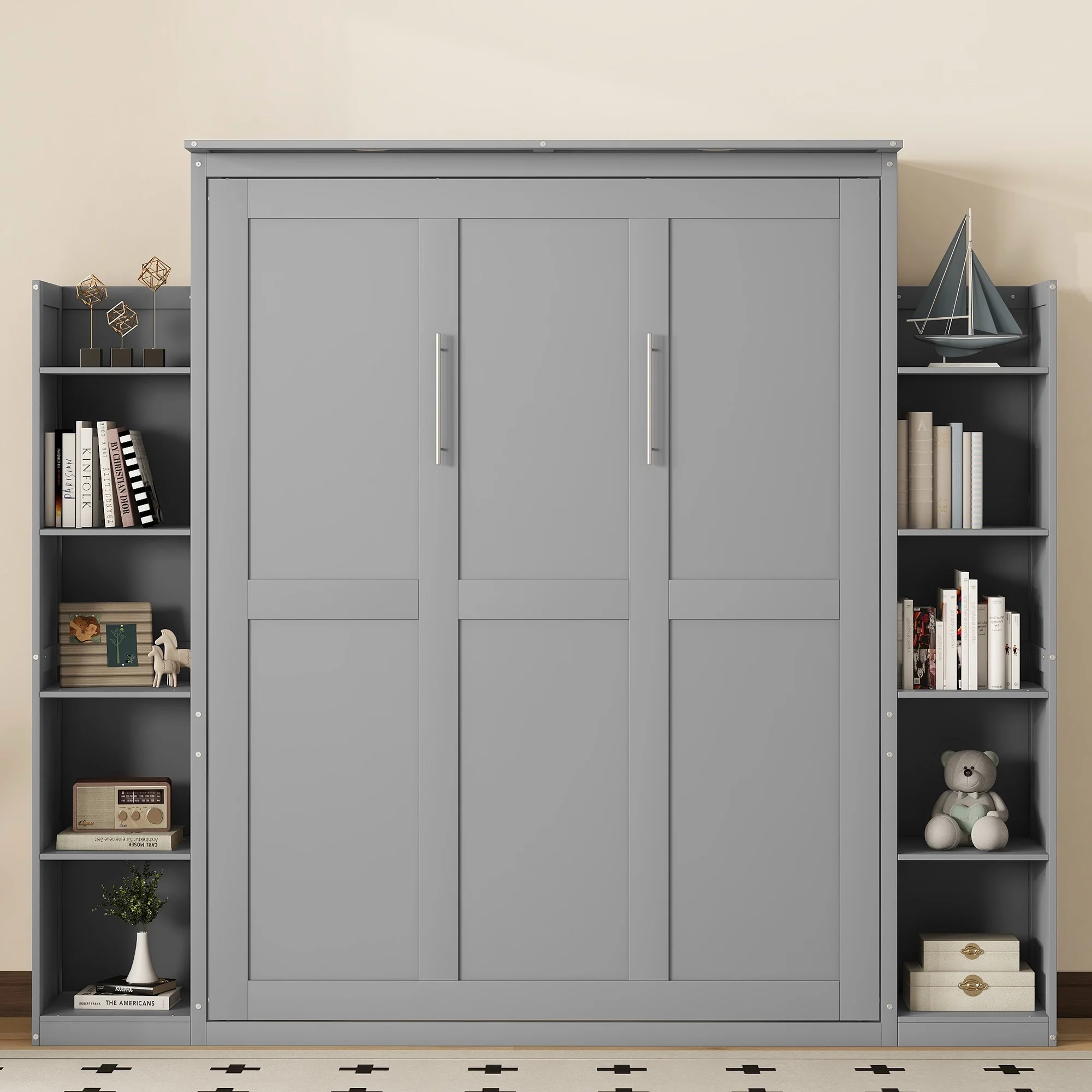 Aukfa Queen Size Murphy Bed with 5-Tier Storage Shelf & LED Lights, Foldable Wall Bed Cabinet with Mattress Support, Space-Saving Design for Guest Room/Home Office, Gray