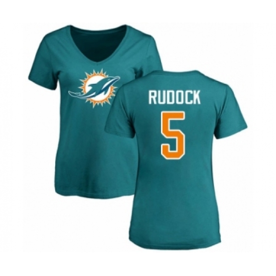 Football Women's Miami Dolphins #5 Jake Rudock Aqua Green Name & Number Logo T-Shirt - Jersey