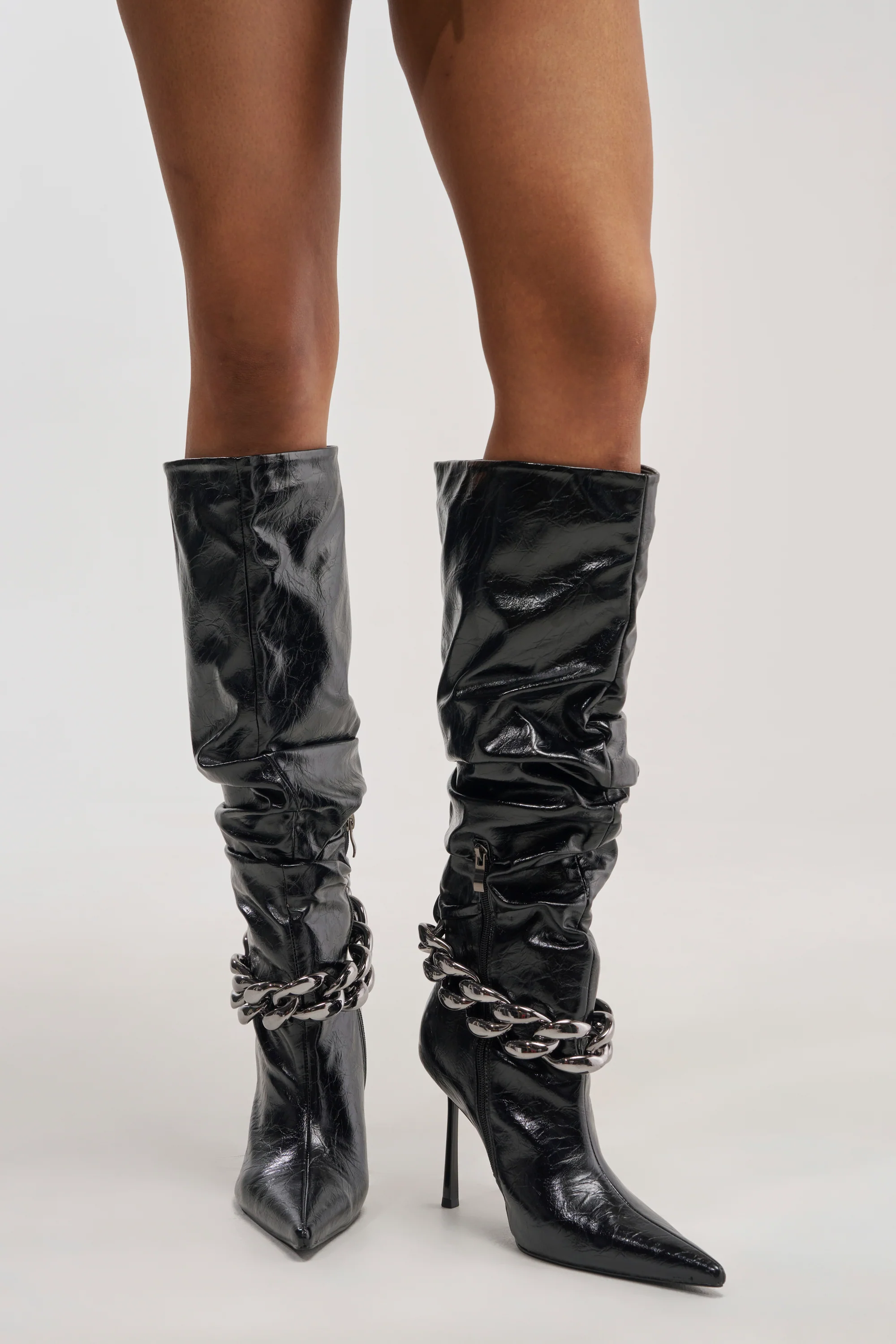 AKIRA GOLD AFTERHOURS BLACK STILETTO BOOT WITH METAL DETAIL - Akira Wear