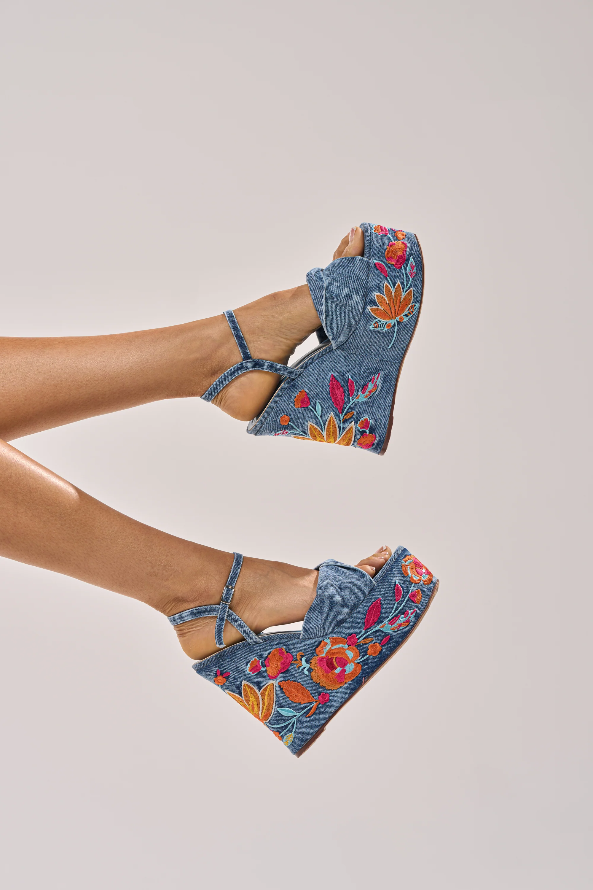 AZALEA WANG TIALA DENIM FLORAL EMBROIDERED STRAP WEDGE SANDAL - Akira Wear