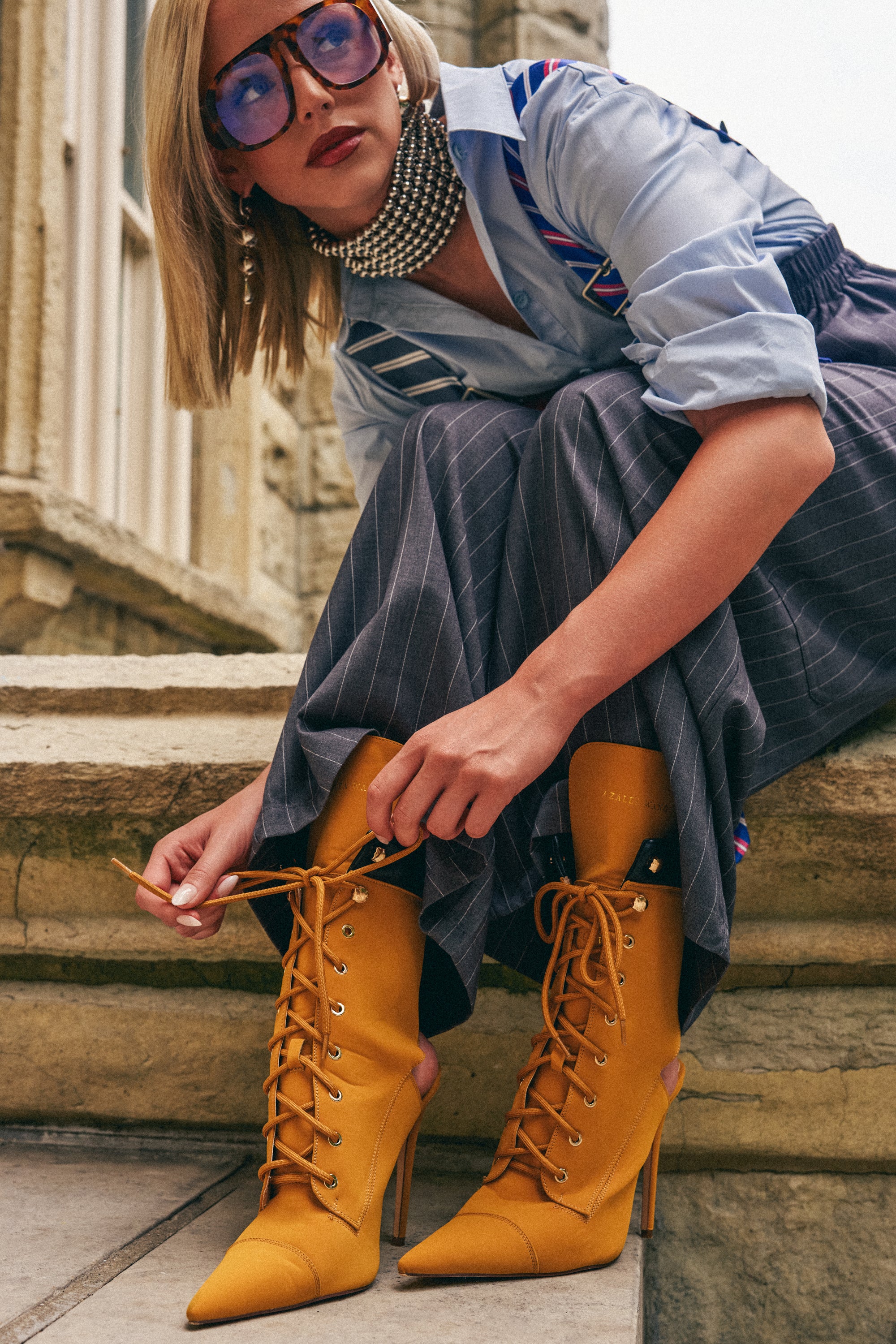 AZALEA WANG XIOMARA YELLOW LACE UP STILETTO BOOTIE - Akira Wear