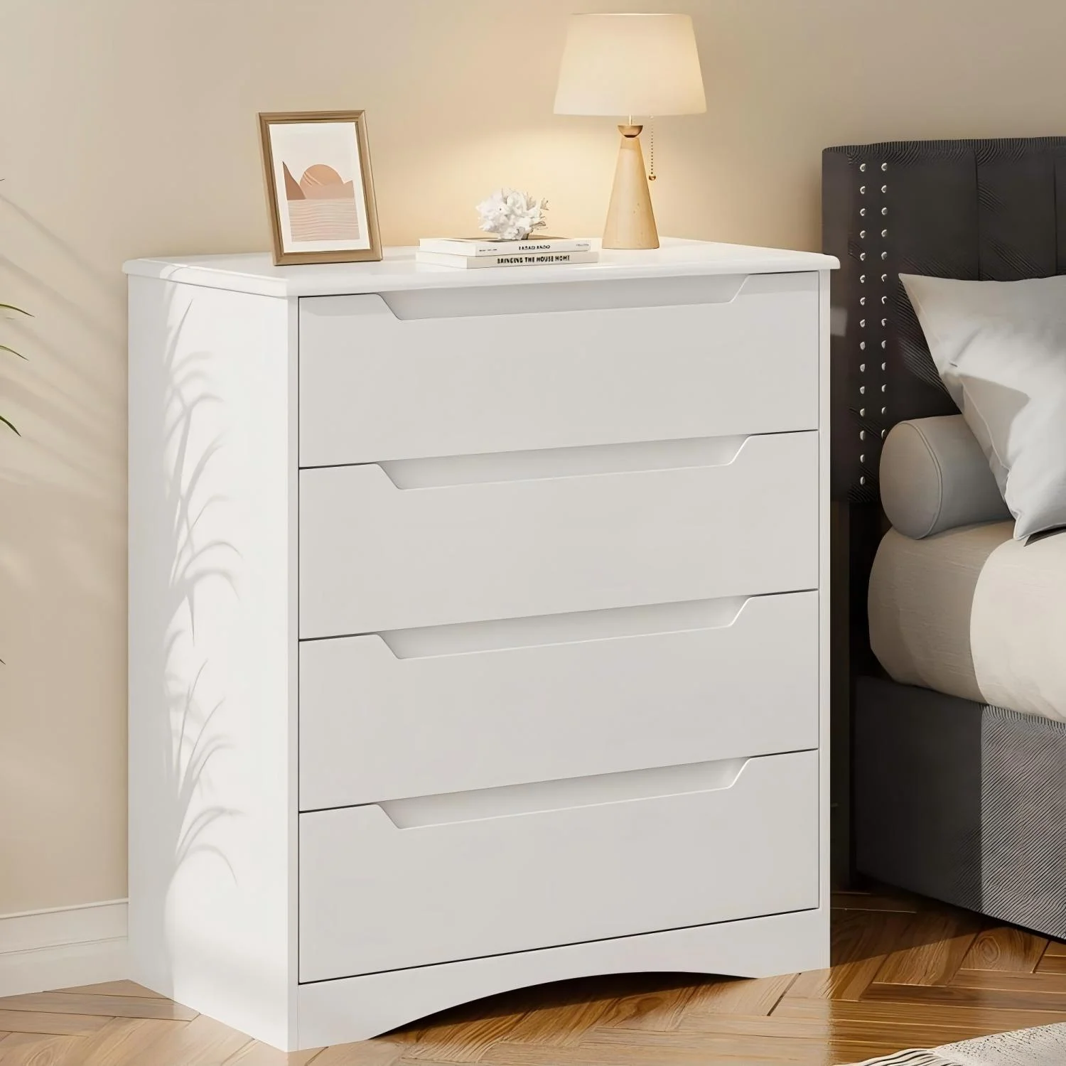 Bedroom Furniture Set,Lofka Queen Bed Frame, 2 Wood 4 Drawer Dressers &Vanity Desk with Table, Mirror and Lights for Large Bedrooms