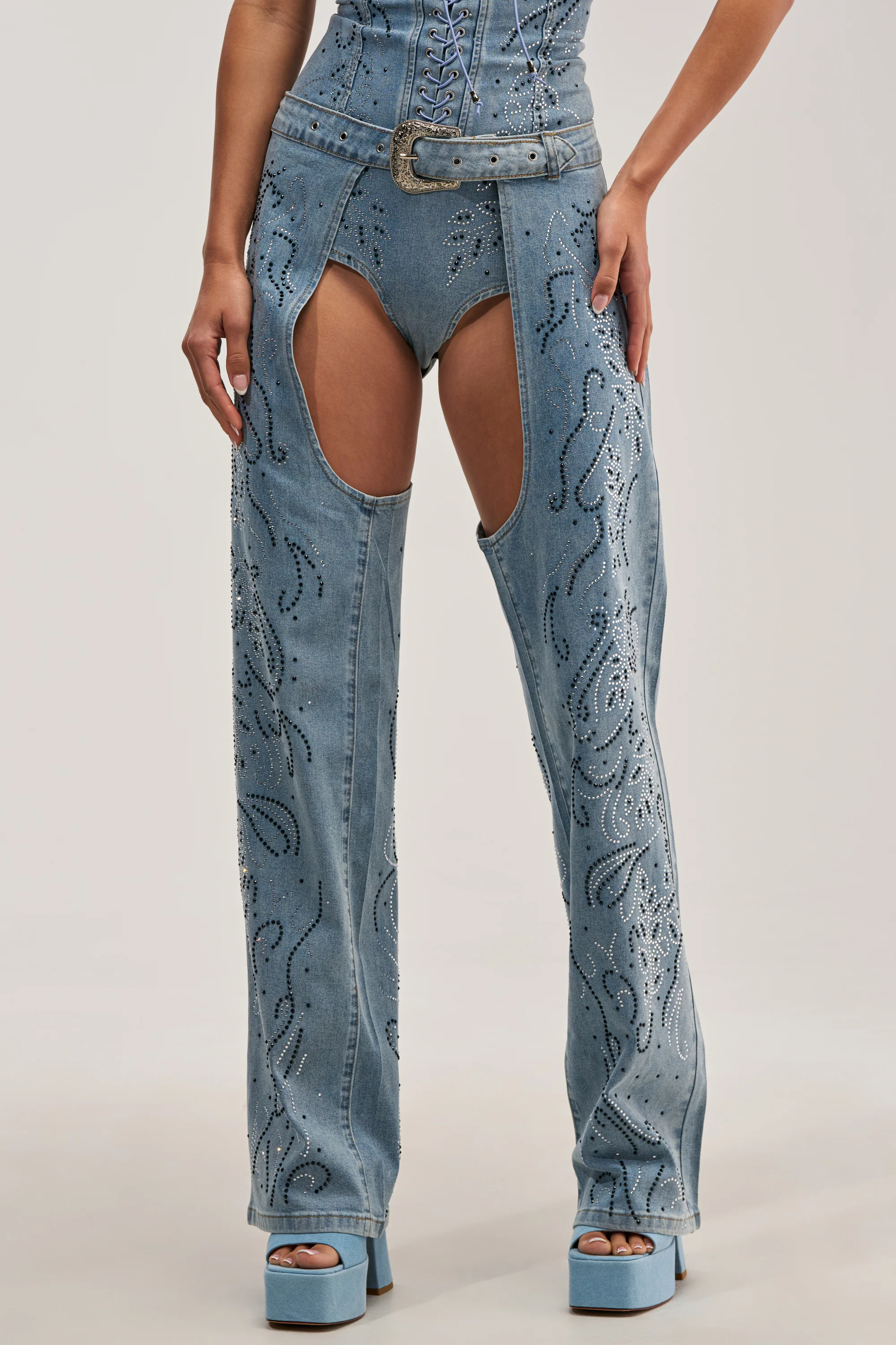 COWGIRL NIGHTS RHINESTONE DENIM CHAPS - Akira Wear