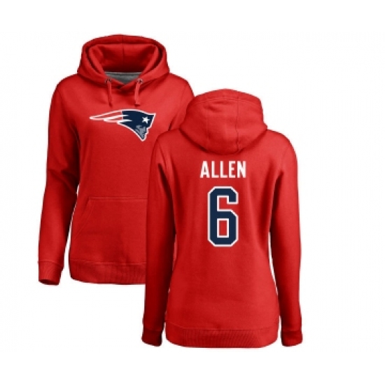 Football Women's New England Patriots #6 Ryan Allen Red Name & Number Logo Pullover Hoodie - Jersey