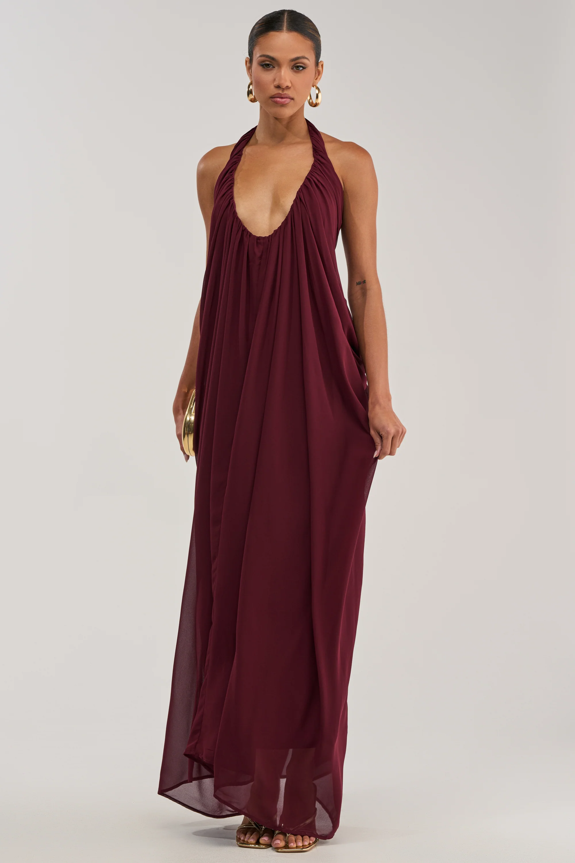 RAMONA PLEATED MAXI DRESS IN BURGUNDY - Akira Wear