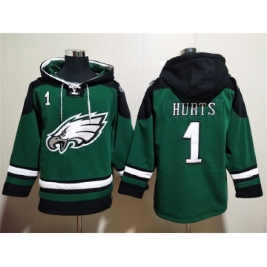 Men's Philadelphia Eagles #1 Jalen Hurts Green Lace-Up Pullover Hoodie - Jersey