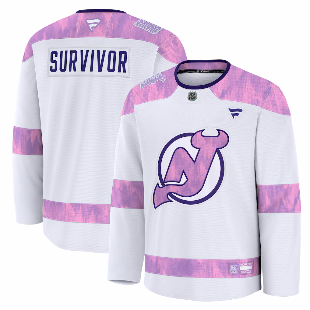 Men's New Jersey Devils Fanatics White Hockey Fights Cancer Survivor Practice Jersey - Jersey