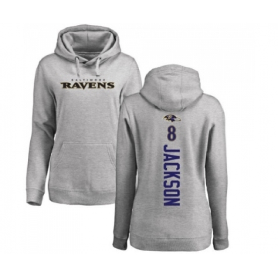 Football Women's Baltimore Ravens #8 Lamar Jackson Ash Backer Pullover Hoodie - Jersey