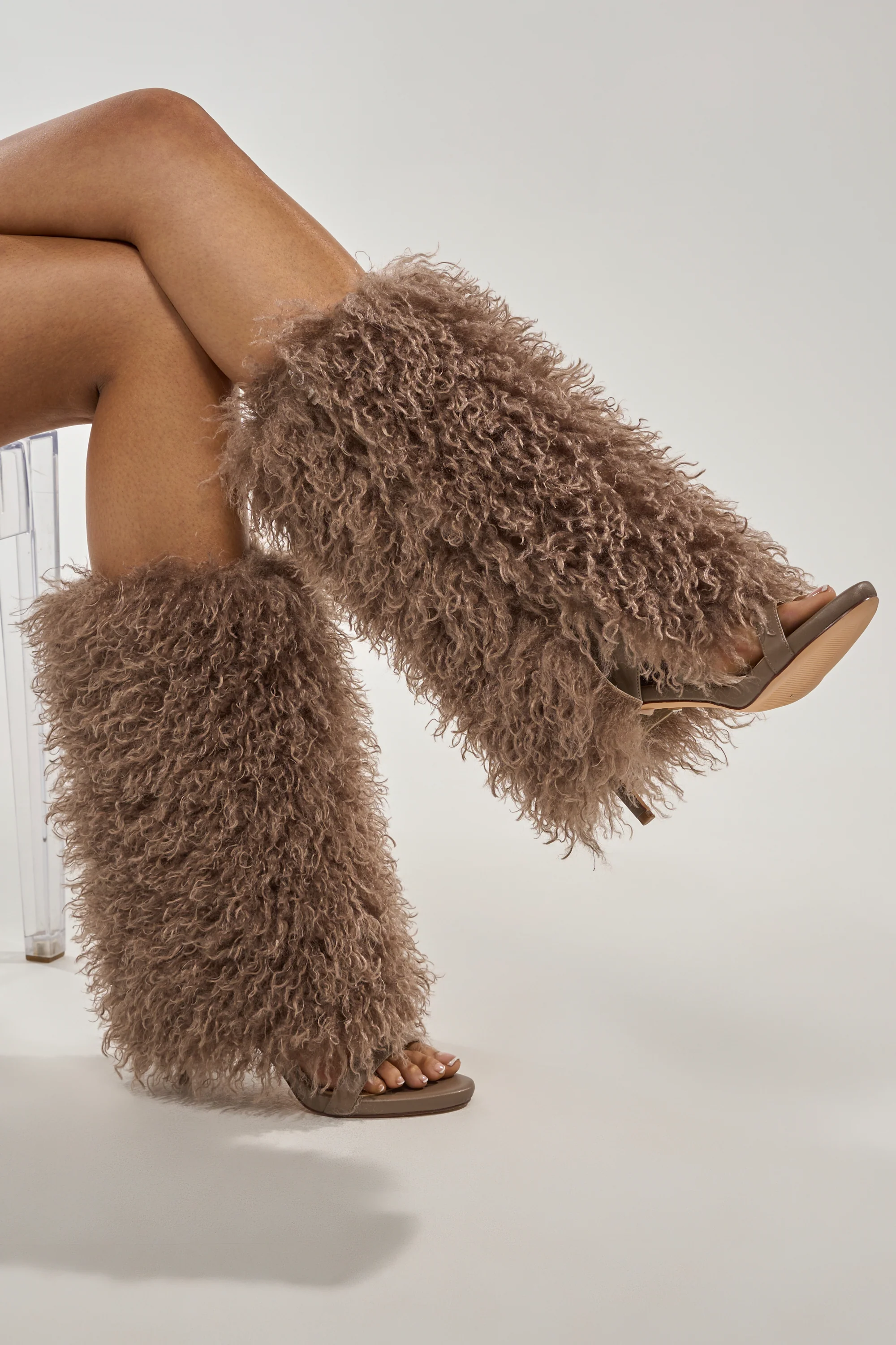 AZALEA WANG CLOUD NINE TAUPE FUR OPEN TOE BOOT - Akira Wear