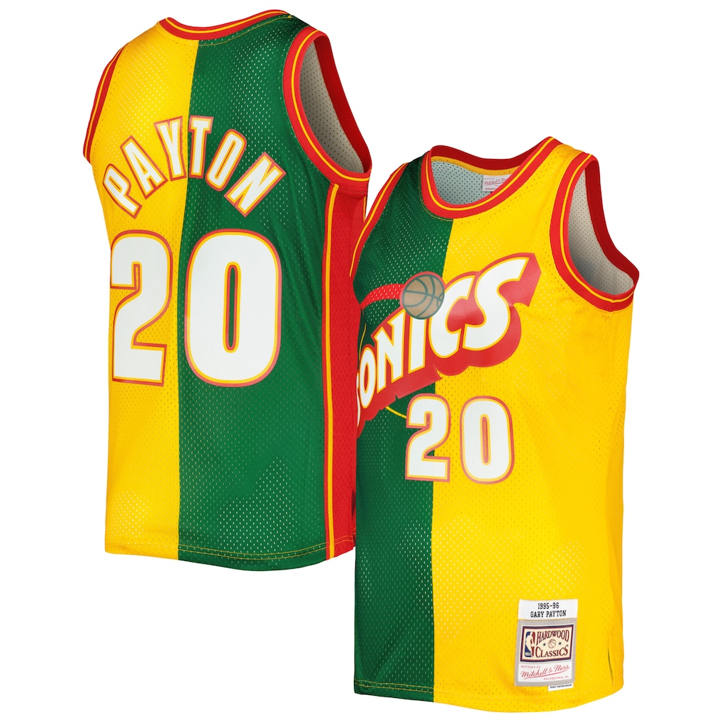 Men's Seattle SuperSonics Gary Payton Mitchell & Ness Green/Gold Hardwood Classics 1995/96 Split Swingman Jersey - Jersey