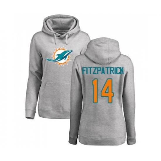 Football Women's Miami Dolphins #14 Ryan Fitzpatrick Ash Name & Number Logo Pullover Hoodie - Jersey