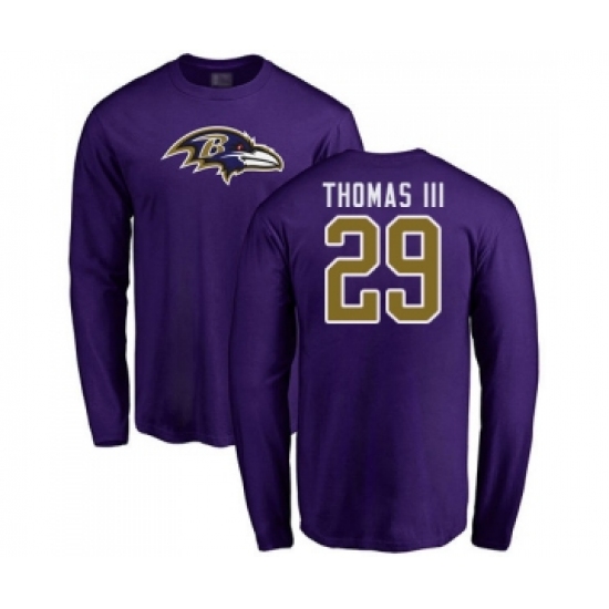 Football Baltimore Ravens #29 Earl Thomas III Purple Name & Number Logo Long Sleeve T-Shirt - Jersey