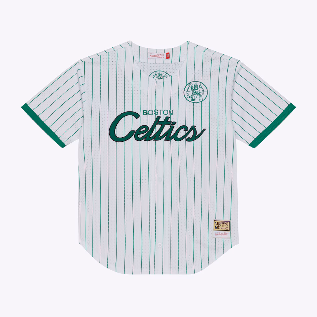 Men's Boston Celtics Mitchell & Ness White Head Coach Pinstripe Mesh Full-Button Baseball Jersey - Jersey