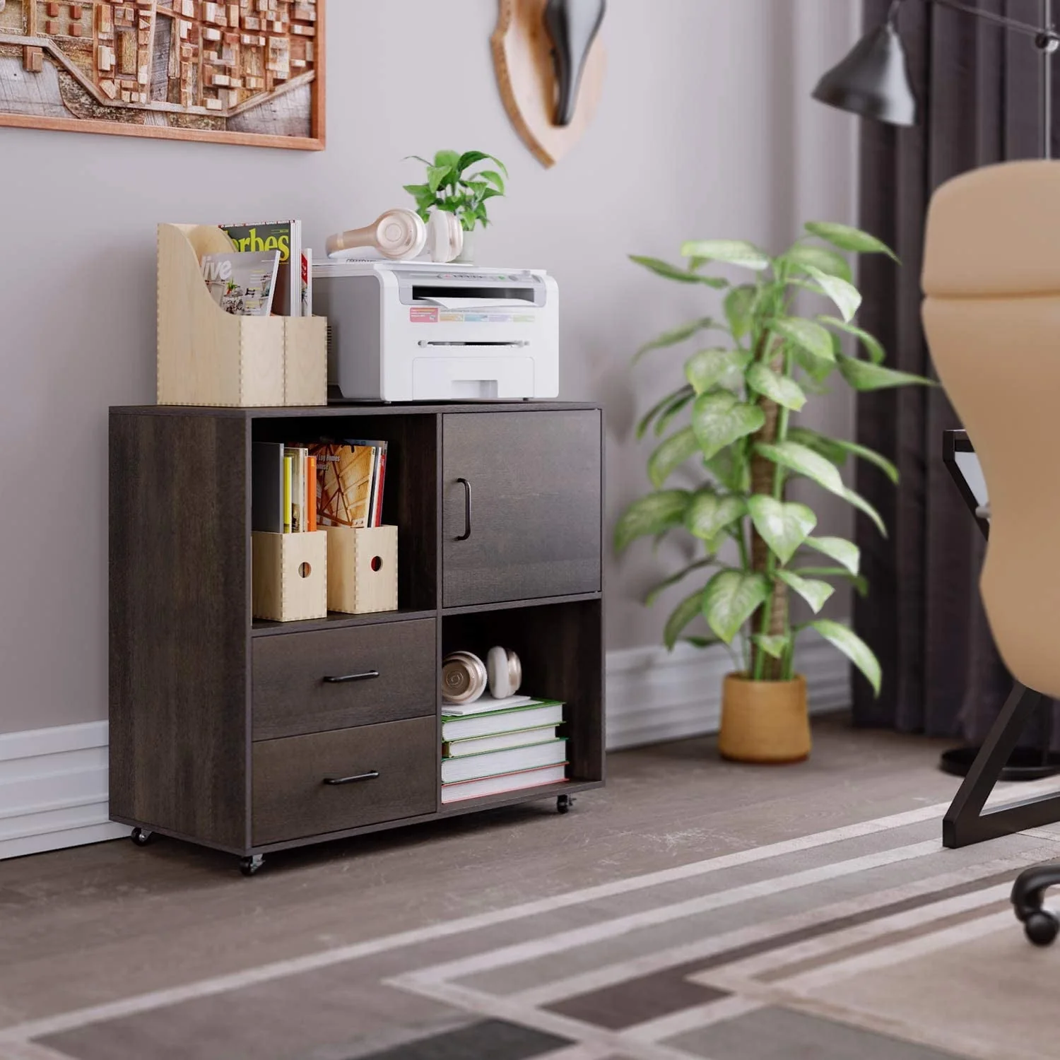 Homfa Lateral File Cabinet, Storage Printer Stand with 2 Drawers, Wood Mobile Filing Cabinet for A4 Paper Letters Home Office Furniture, Rustic Brown