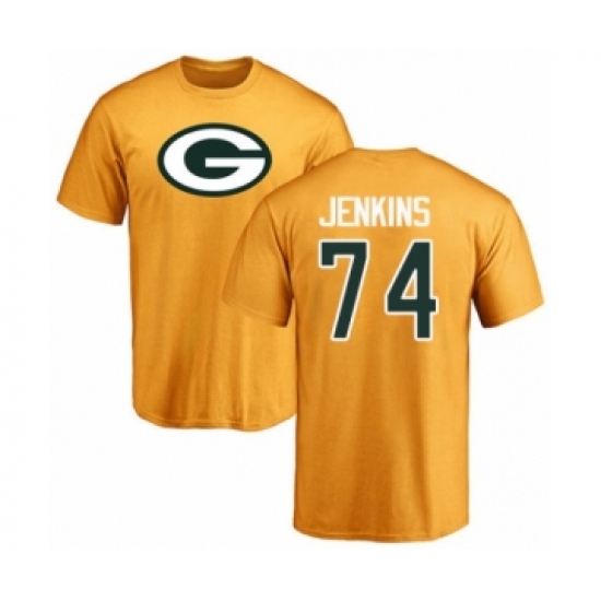 Football Green Bay Packers #74 Elgton Jenkins Gold Name & Number Logo T-Shirt - Jersey