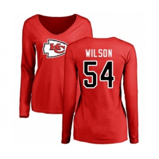 Football Women's Kansas City Chiefs #54 Damien Wilson Red Name & Number Logo Slim Fit Long Sleeve T-Shirt - Jersey