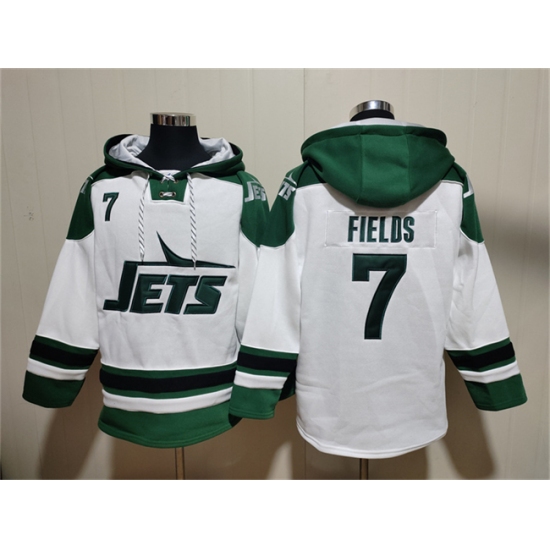 Men's New York Jets #7 Justin Fields White Ageless Must-Have Lace-Up Pullover Hoodie - Jersey