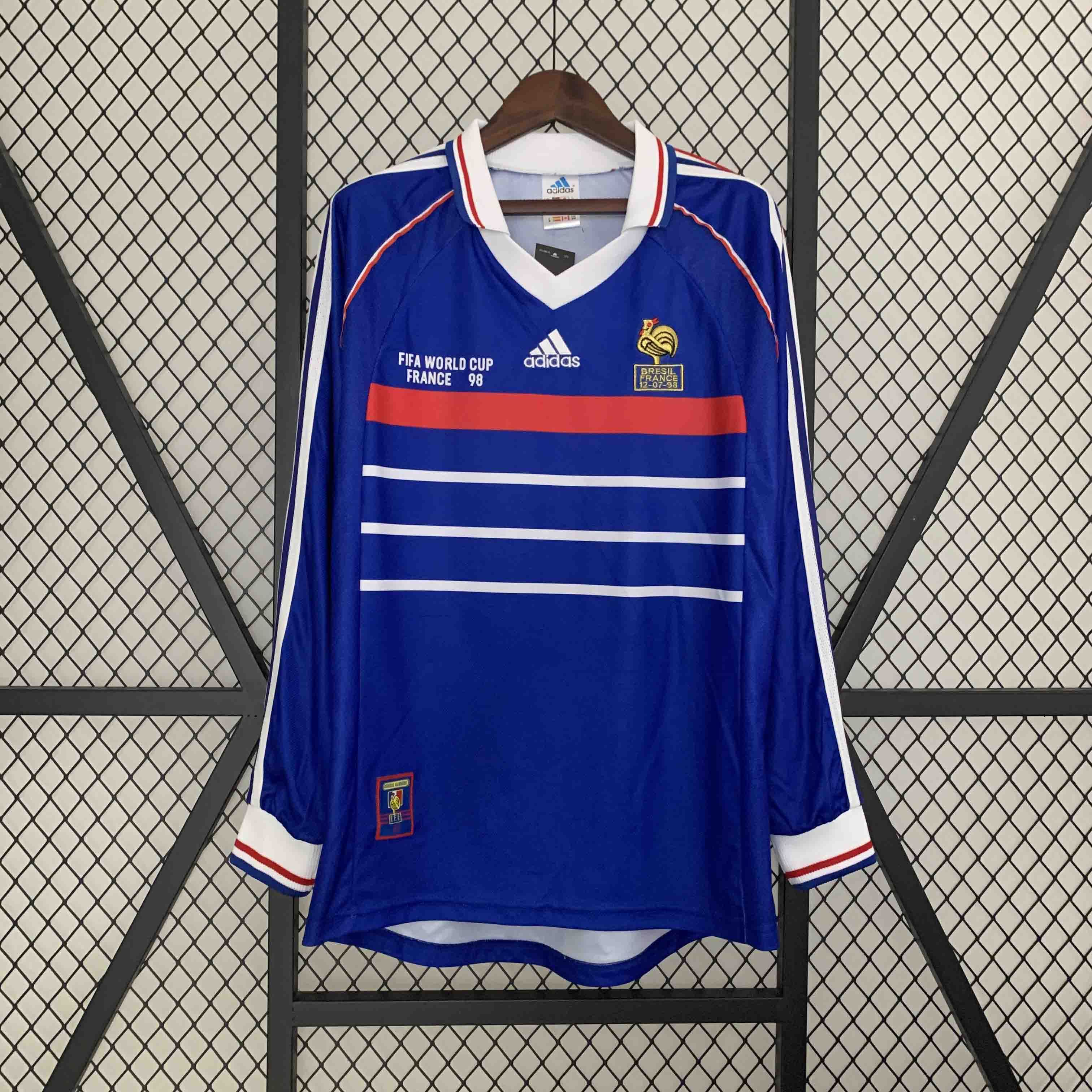 France Retro Soccer Jersey Home Long Sleeve Custom Shirt World Cup 1998 - Jersey