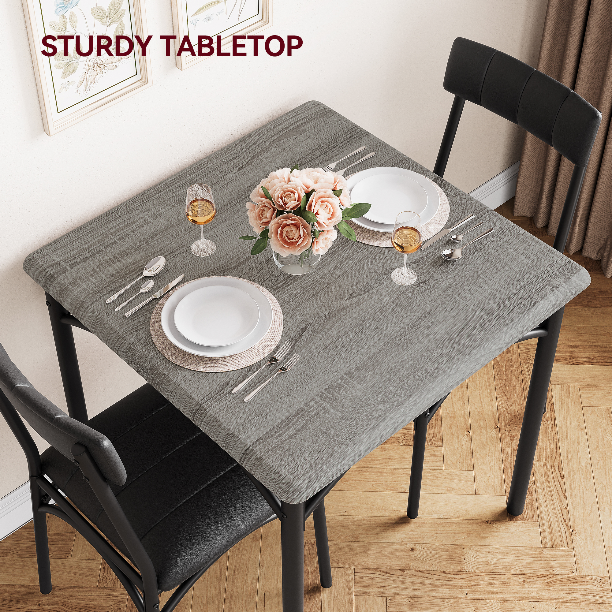 3 Piece Dining Table Set, Modern Industrial Table and Chairs Set for Home Kitchen, Kitchen Table Set for Small Space, Apartment, Rustic Gray