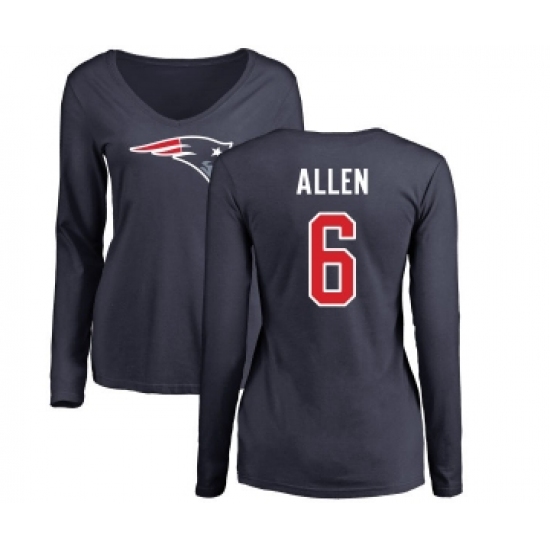 Football Women's New England Patriots #6 Ryan Allen Navy Blue Name & Number Logo Slim Fit Long Sleeve T-Shirt - Jersey