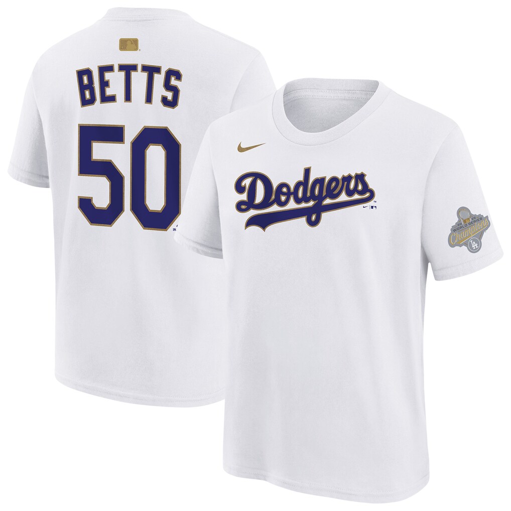 Youth Los Angeles Dodgers Mookie Betts Nike White 2026 Gold Collection Name & Number T-Shirt - Jersey