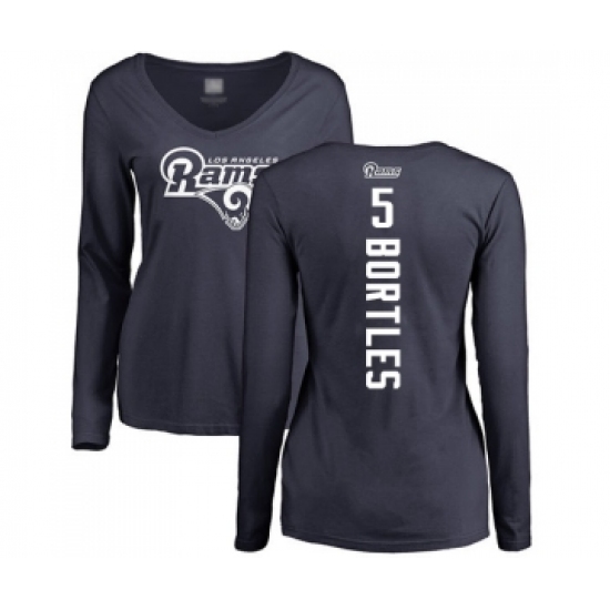Football Women's Los Angeles Rams #5 Blake Bortles Navy Blue Backer Slim Fit Long Sleeve T-Shirt - Jersey