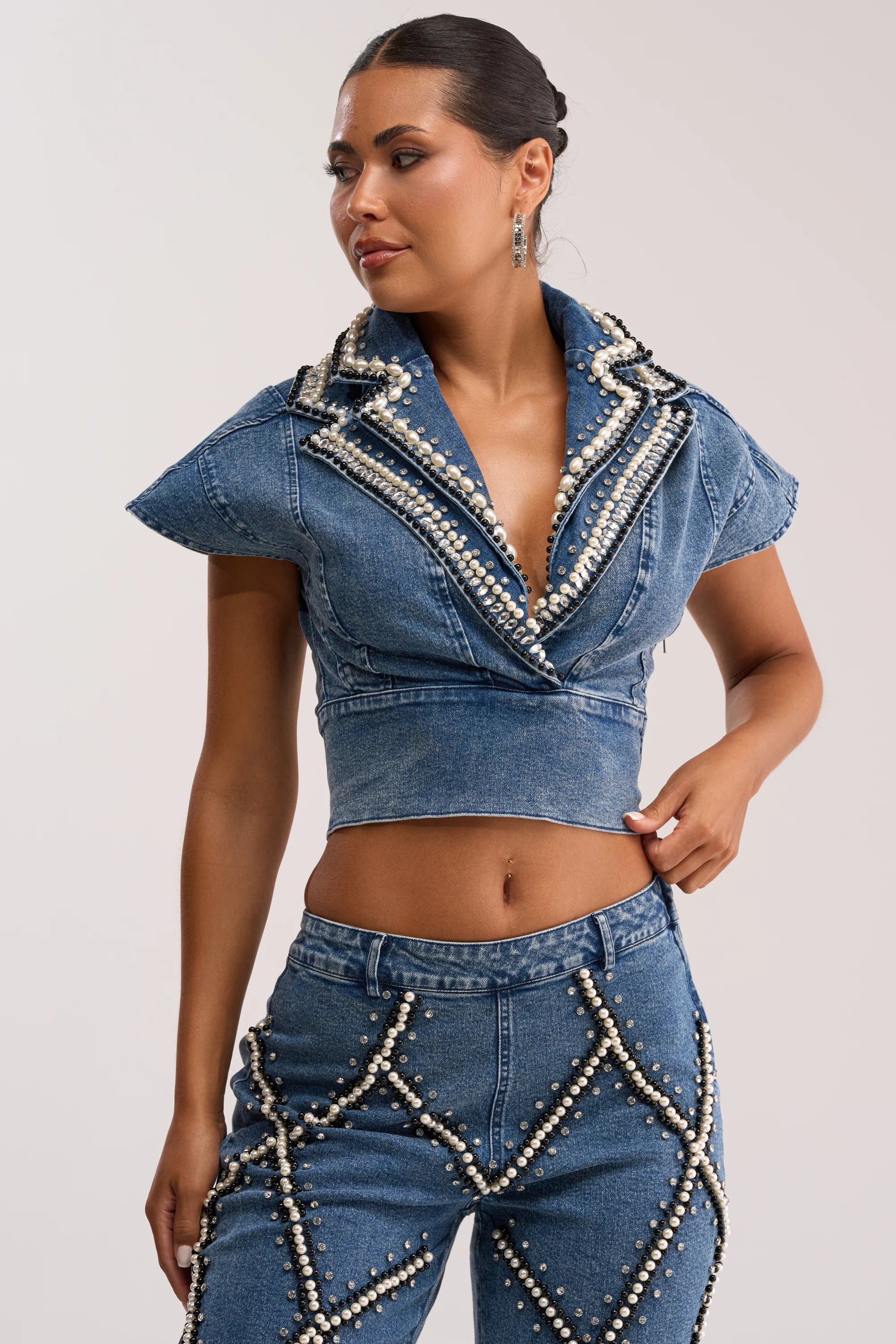 DRIPPING IN PEARLS DENIM BLOUSE - Akira Wear
