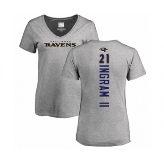 Football Women's Baltimore Ravens #21 Mark Ingram II Ash Backer V-Neck T-Shirt - Jersey